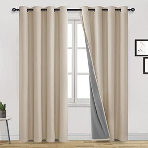 DWCN 100% Blackout Curtains for Living Room with Liner, Double Layer Thermal Insulated Full Room Darkening Noise Reducing Eyelet Curtains 2 Panels, Each W132cm x D 213cm, Beige