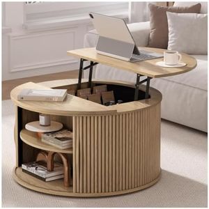 JOINICE 31.5" Round Lift Top Coffee Table,Natural Oak Modern Fluted Drum Center Table with Hidden Storage, Japandi Scandi Wood Circle Desk for Boho Living Room & Apartment