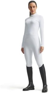 FitsT4 Sports Womens Equestrian Outfits, 2 Piece Long Sleeve Horse Riding Shirt & Knee-Patch Silicone Riding Breeches Set White XL
