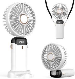 Refluxe Ventilateur Portable 4200mAh USB avec Écran LED 3-en-1 Main/Cou/Bureau Pliable et Inclinable à 90° Idéal pour Été Bureau Chambre Voyage Cadeau Adultes Enfants (Blanc)