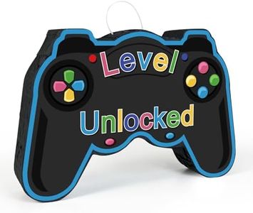 Small Level Unclocked Video Game Controller Shape Black Cute Piñata for Birthday Parties, Handle Happy 21st Birthday Decoration, Customizable Age from 1 to 100 with Adhesive Numbers Party Decorations