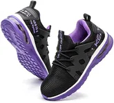 Kezhiho Women's Steel Toe Work Shoes, Air Cushion, Breathable Mesh, Puncture Proof, Slip Resistant, Indestructible Construction, Size 7, Black Purple