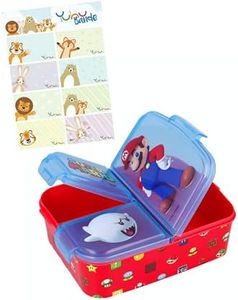 Super Mario - caja de almuerzo fiambrera caja de comida para niños con 3 compartimentos separados + y pegatinas de nombre para niños