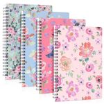 Zuimei A5 Spiral Notebooks Bound 4 Pack Hardcover Notebook 160 Pages Hardback Ruled Lined Journal Cute Notepad, Waterproof Notebook for Girls Student Office School Supplies(Pink Flower)