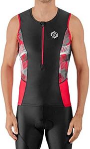 SLS3 Mens Triathlon Top - Tri Top Men Singlet - Mens Triathlon Shirt - Triathlon Tops Mens Bike Jerseys - FRT 2 Pocket Sleeveless Triathlon Shirts Men (Black/Red Geo, Small)