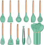 MOBDESK Silicone Kitchen Utensils Set of 12, 446°F Anti-Heat Kitchen Gadgets Cooking Utensil for Nonstick Cookware, Wood Handles Spatula Turner Spoon Tongs Whisk, Toxic-Free & Non-Stick (Green)