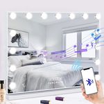 FENCHILIN Vanity Mirror with Lights Bluetooh Speaker Hollywood Mirror with Lights 15 LED USB Charging Port Vanity Makeup Mirror with Lights 3 Color Modes Dimmable Touch Control 10x Magnifying