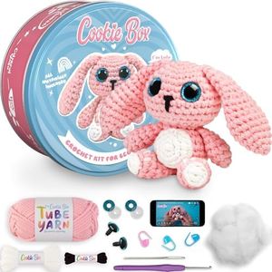 Cookie Box Crochet Kit for Beginners - Learn to Craft Amigurumi Stuffed Animals - Knitting Gift for Kids (13+) and Adults - Beginner-Friendly Yarn - Stitch-by-Stitch Video Tutorial - Bunny Lola