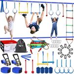 NINJA LINE 2x56FT Ninja Warrior Obstacle Course for Kids, Ninja Slackline with 11 Accessories, Slackline Kit with Pulley, Rope Ladder, Monkey Bar,Arm Trainer, Climbing Rope