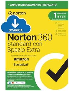 Norton 360 Standard | Extra Spazio Archiviazione |Esclusiva Amazon * 10 GB extra Cloud Backup| Antivirus software 1 dispositivo|1 anno rinnovo automatico