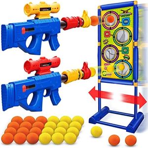 Moving Shooting Games Toy for Age 5 6 7 8 9 10 and Up Years Old Boys, 24 Foam Balls & 2pk Foam Ball Popper Air Toy Guns with Electronic Running Standing Shooting Target, Ideal Gifts Indoor Outdoor Toy