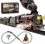 Hitish Train Set for Kids, Electric Train Toys with Realistic Light Sounds Smoke, Christmas Train Model Gifts for Toddlers Boys Girls, Steam Locomotive, Luxury Track & 2 Glowing Passenger Carriages
