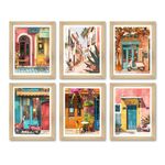 PAPER PLANE DESIGN Vintage European Wall Art Set of Frames. French Cafe theme Art Prints. Set of 6 Natural Shade Wall Decor Frames. (D)