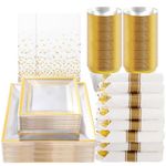 Goodluck 352 Piece Clear Gold Dinnerware Set for 50 Guests, Clear Square Plastic Plates with Gold Trim, Include: 100 Gold Plastic Plates, 50 Rolled Napkins, 50 Cups, 50 Cutlery Set and 2 Tablecloth