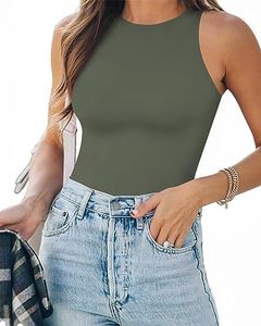 MANGOPOP Women's Halter Neck Sleeveless Sexy Tank Tops/Crew Neck Long Sleeve Bodysuit (Halter Neck Gray Green, Small)