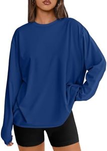 Trendy Queen Womens Spring Tops Oversized Long Sleeve T Shirts 2026 Basic Tee Fall Casual Workout Y2K Clothes Blue L