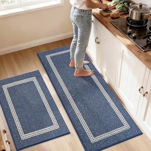 COSY HOMEER Kitchen Rugs Sets 2PCS,Non-Slip Washable Kitchen Mats for Floor,Absorbent and Stain Resistant Kitchen Runner Rugs for Kitchen Sink Laundry Entryway,24"x35"+24"x60",Blue