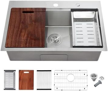 POPFLY 28 x 20 Inch Kitchen Sink, 28 Inch Stainless Steel Top Mount Drop in Workstation Sink, 9-Inch Deep Handmade Sinks with Cutting Board & Strainer, Brushed Nickel（28×20×9）