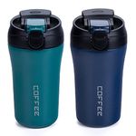 Coffee Cup, Travel Coffee Mug 400ml x 2 Pack, Vacuum Insulated Stainless Cups with Lids and Straws, Reusable Leakproof Bottle for Hot Cold Drinks, Car Thermos Gift for Men and Women, Blue Green