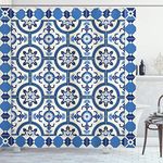 Ambesonne Moroccan Decor Shower Curtain Set, Oriental Turkish Style Inspired Arabesque Mosaic Motifs Classic Retro Repetitive Design, Bathroom Accessories, 75 Inches Long, Grey Blue