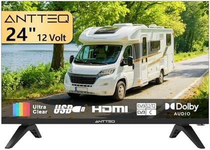 Antteq 24 inch 12 Volt HD TV, Bezel-less Design Frameless TV Freeview DVB-T2/C/S2 Dolby Audio, HDMI VGA PC SCART USB, Travel Small Screen TV for Motorhome and Campervan Caravans