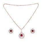 SARAF RS JEWELLERY Women's Rose Pink Ruby Studded Circle Pendant Locket Set with Chain and Earrings