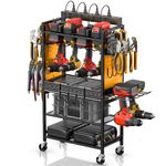 CCCEI Power Tool Organizer Cart with Charging Station, Garage Floor Rolling Storage Cart on Wheels for Mechanic, Mobile 6 Drill, Tool Box Utility Cart with Power Strip, Yellow.