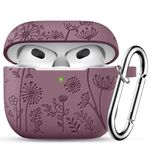 Ouwegaga Flower Engraved Case for Airpods 3rd Generation Case, Soft Silicone Shockproof Protective Cover Compatible with Apple Airpods 3 Case Cover 2021, with Carabiner[Front LED Visible], SmokyViolet