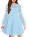 Arshiner Girl's Sheer Mesh Lantern Long Sleeve Blue High Waist Elegant Party Short Dress 9-10 Years