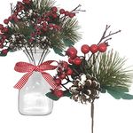 BANBERRY DESIGNS Pine Branches and Red Berry Picks - Set of 10 Stems with White Snow Covered Pine Cones and Berries - Christmas Artificial Floral Sprays Sprigs - Approx.