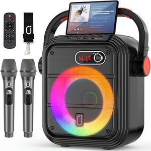 JYX Karaoke Machine with 2 Wireless Microphones, RGB Light PA System with Treble/Bass, Bluetooth Speaker Supports Live Broadcast/Monitoring/Sound Effects, Suitable for Adults