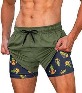 Cozople Men's Funny Bathing Suit Compreesion Lining Swim Trunks Boxer Brief Lined Pineapple Inner Print Board Shorts Army Green 2XL