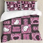 RODES Pink Black Hello Cat Kitty 3pcs Bedding Set，Comforter Duvet Cover Set Full Full Queen King Size Quilt Cover for Adults Teens Bedroom Decoration