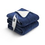 KEPLIN Large Electric Heated Throw Blanket - Electric Blanket Throw for Bedspread with 9 Heat Settings & Timer, Machine Washable Fleece Wool Duvet, Electric Overblanket 160x130cm - Navy/Cream