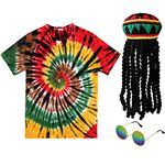 Boyiee Rasta Costumes Hat with Dreadlock Wig Tie Dye T Shirt for Men Women Sunglasses Reggae Accessories 3 Pcs (XXL)