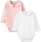 pureborn 2-Pack Baby Girls Bodysuit Long Sleeve Peter-pan Collar Romper Soft Cotton One-Piece White + Pink 6-9 Months