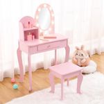Garvee Kids Vanity Set with Touch Lighted Mirror, Pretend Play Girls Vanity Table and Chair Set with Mirror, Stool, and Wood Makeup Playset, Pink