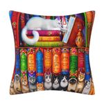 DILOXNSU Cat Cushion Covers Reading Books Cats Bookshelf Velvet Square Double Sided Printing Decorative Pillow Cover for Sofa Couch Home Office Garden Cushions Covers 45 x 45 cm 18 x 18 inch