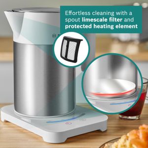 Bosch Cordless Kettle 1.7L – 7 Temperature Settings, KeepWarm, White/Silver