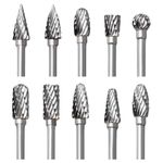 Serplex® Tungsten Carbide Rotary Burr Set for Dremel, 10pcs Carbide Double Cut Carving Burr Bits with 1/8" Shank Rotary Tool Accessories for Woodworking, Engraving, Drilling, Steel Metal Working