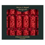 Harvey & Mason Pack of 6 Exquisite Flock Red Christmas Crackers - 13.5" Metallic Textured Festive Holly Foliage Xmas Holiday Dinner Table Decorations - Novelty Fun Prizes Gifts Contains Hats Jokes