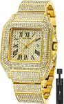 Fashion Hip Hop Mens Crystal Watch Bling Iced-Out Watch Rectangle Case Stainless Steel Quartz Analog Bracelet Wristwatch (Gold)