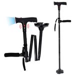 Adjustable Folding Walking Sticks for Men Women Senior Elderly with SOS Alarm & LED Light, Foldable Walking Cane & Easy Carry, with Double Grip Handles, 360° Rotatable Non-slip Rubber Base