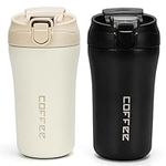 BELLE VOUS 2 Pack of Travel Coffee Mugs - 400ml/14oz Vacuum Insulated Stainless Steel Hot/Cold Drink Cups with Leakproof Lids - Reusable Thermal Bottles/Tumblers with Straws for Coffee, Tea or Water