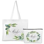 Weewooday 2 Pcs Bride Gifts Bride Tote Bag with Makeup Bag Set Bride Wedding Canvas Tote Cosmetic Bag for Girls Women Wedding Day Engagement Bridal Party shower Travel Gift