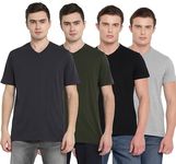 AMERICAN CREW Men's Solid Regular Fit Half Sleeve V-Neck Cotton T-Shirt Pack of 4 (AC15-S_Black, Olive, Carbon & Grey Melange)