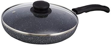 Amazon Brand - Solimo Non-Stick Fry Pan with Glass Lid | Granite Finish | Induction Base | PFOA Free | High Temperature Resistant Exterior Coating | 22 cm | Grey