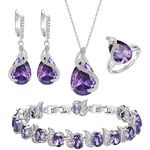 Ever Faith Women's Jewellery Sets Purple Jewellery Sparkly Cubic Zirconia Birthstone Teardrop Necklace Earring Bracelet Ring Jewelry Sets for Women Birthday Gifts 4 PCS Silver-Tone