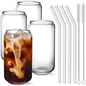 NETANY Drinking Glasses with Glass Straw 4pcs Set - 16oz Can Shaped Glass Cups for Beer, Iced Coffee, Tumbler Cup for Whiskey, Soda, Tea, Water, Gift - 2 Cleaning Brushes