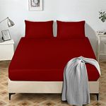 My home store Fitted Sheet 25 cm Deep Brushed Microfiber Ultra Soft No-Iron Wrinkle-Resistant Plain Dyed Fitted Bed Sheets Hypoallergenic Breathable Sheets (Red, Double)